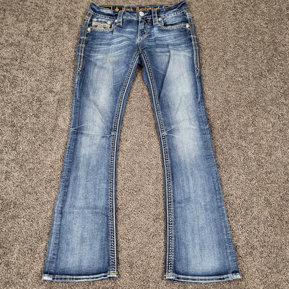 Rock Revival Betty Bootcut Jeans Women 26 Fits 28x31 Blue Rhinestone Embellished